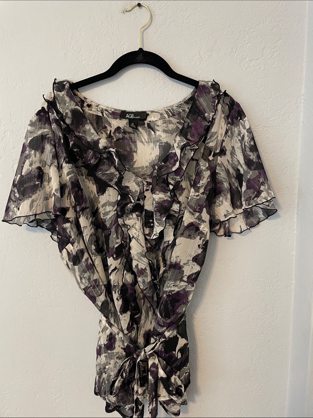 AGB Sheer Floral Ruffle Tie-Front Top in Gray, Black & Purple